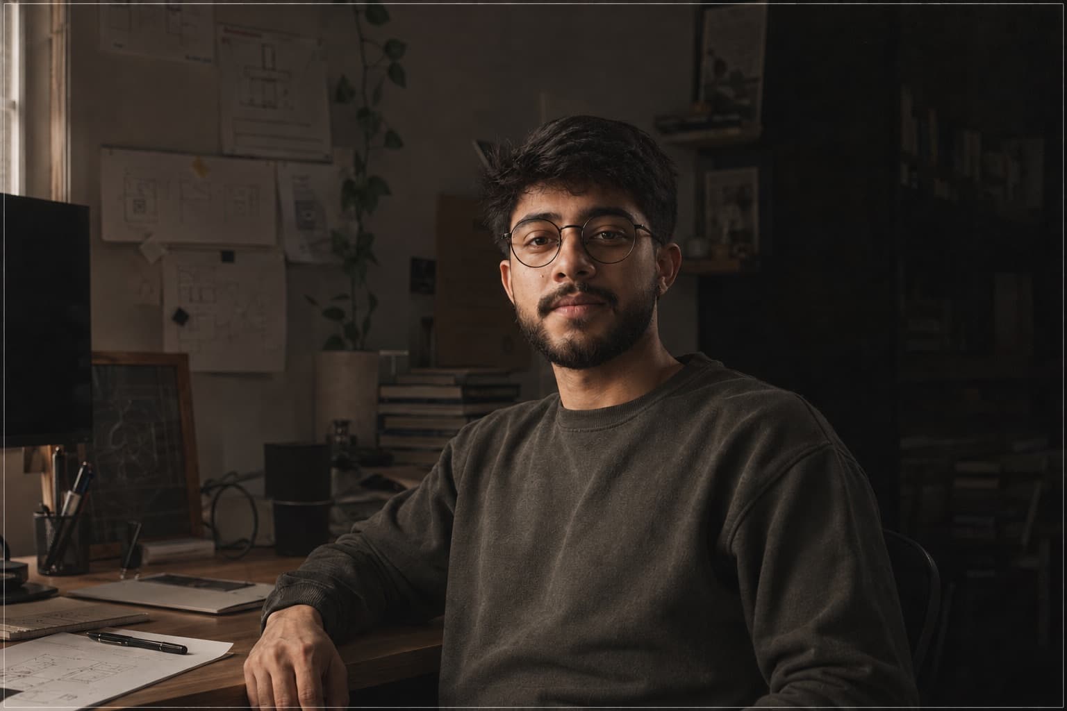 Sarthak Upreti at his desk, wireframes and sketches pinned on the wall behind him
