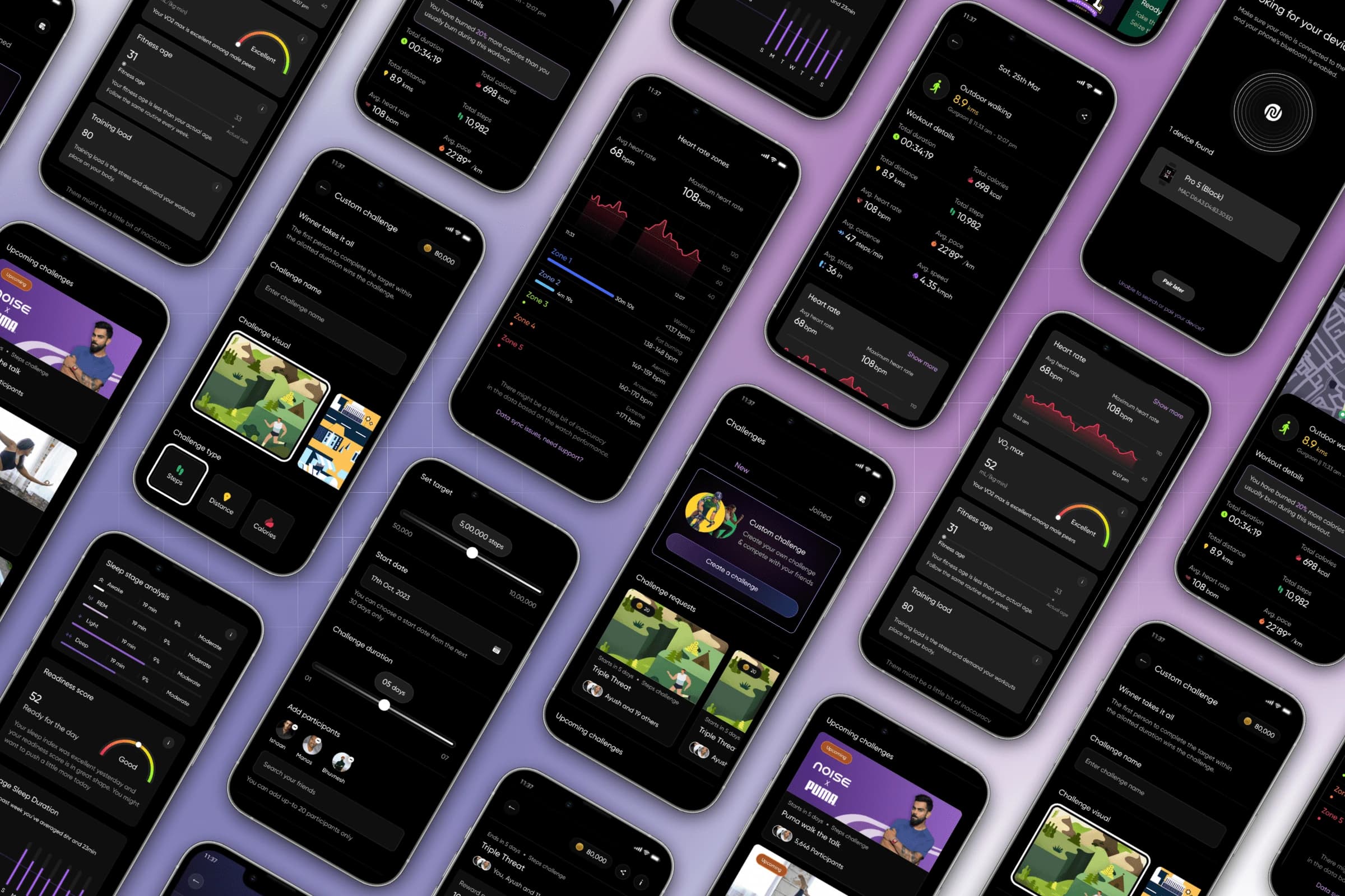 The revamped NoiseFit app: a spread of the new screens