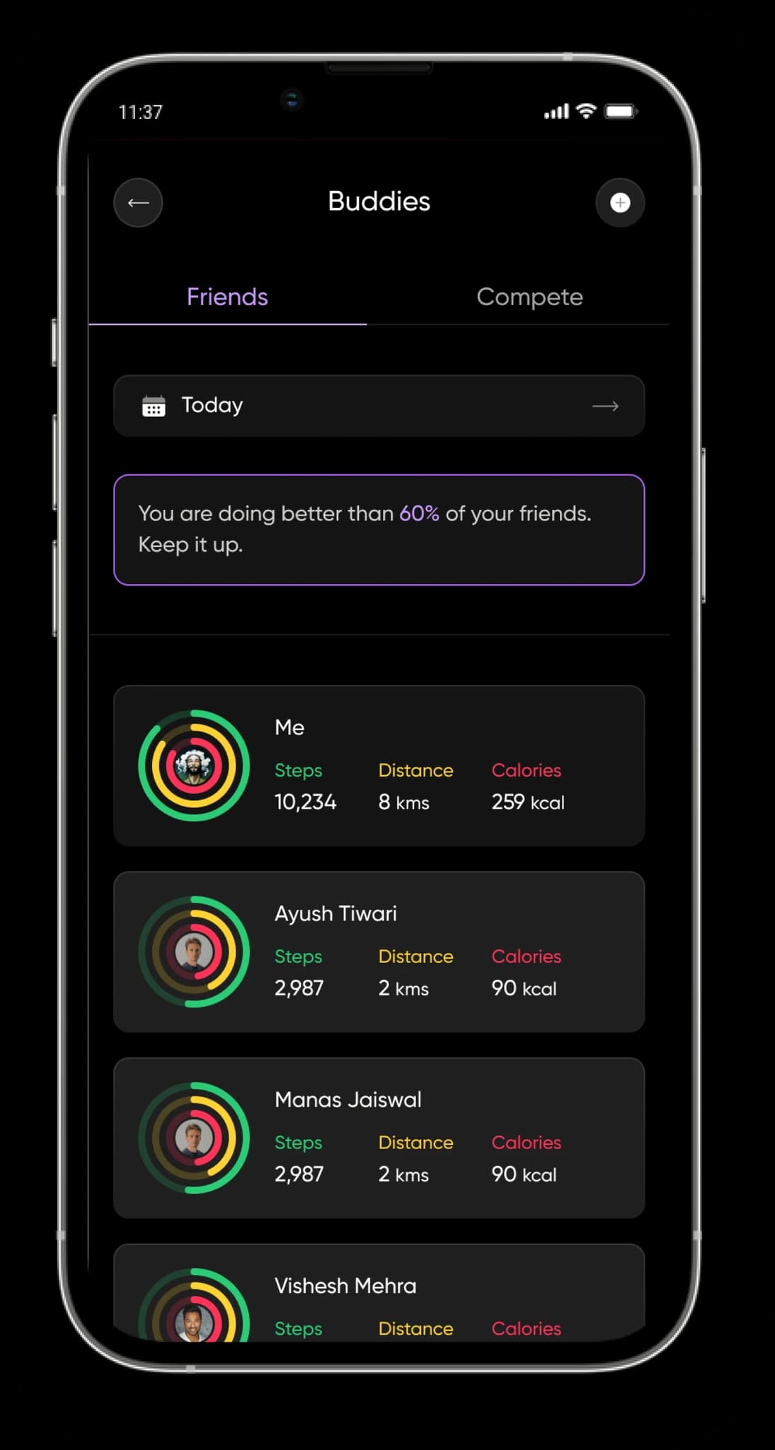 BUDDIES: Add your friends easily and track health data together.