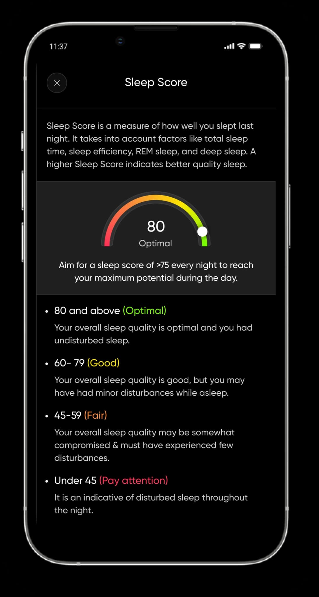 Health metric screen: informative detail page