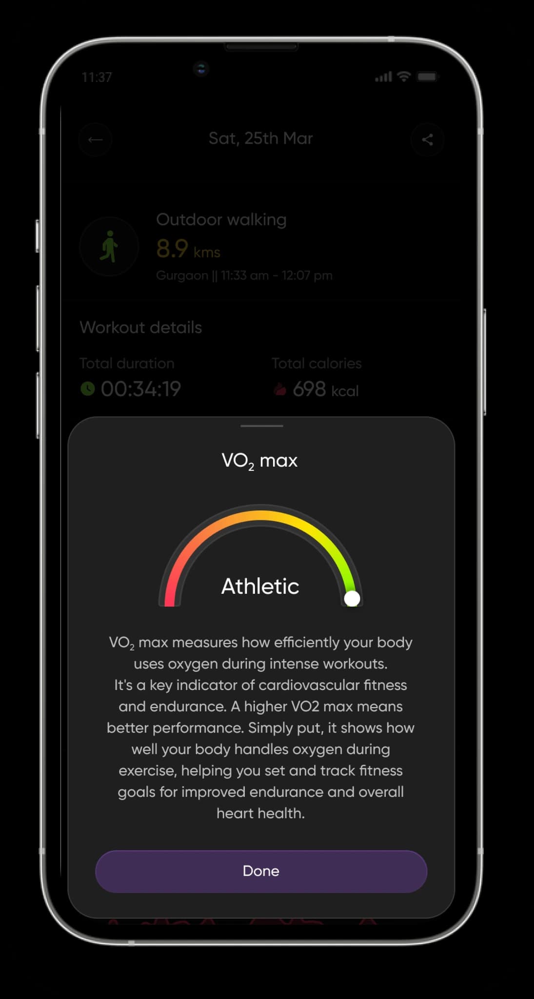 Health metric screen: educational slide-up