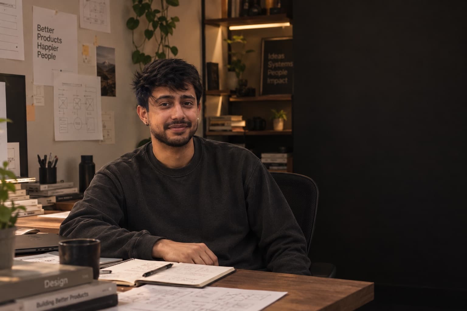 Sarthak Upreti at his desk, wireframes and sketches pinned on the wall behind him
