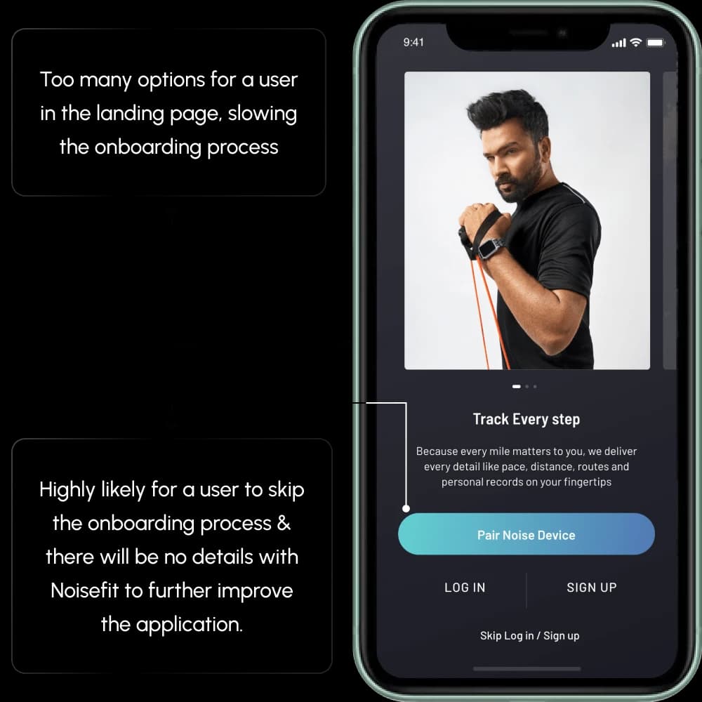 Audit board 1: Too many options on the first screen slow onboarding down, and skipping sign-up entirely leaves NoiseFit with no user details to build on.