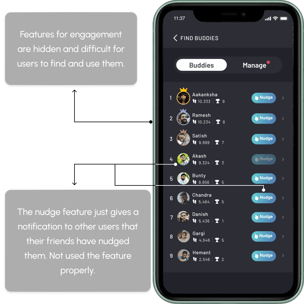 Audit board 8: The engagement features are hidden away, and the nudge is just a notification, a social mechanic used as a doorbell.